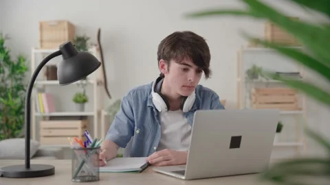 Teenager boy e-learning at home Stock Footage 234292559