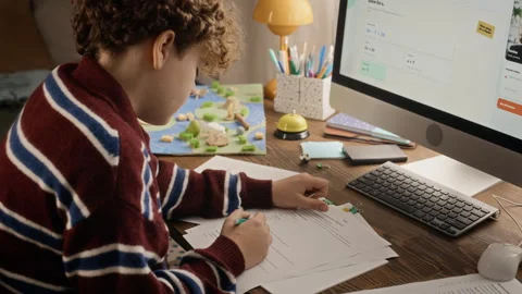 Teenager Boy Solving Math Problems during Online Tutoring Lesson Stock Footage 347137912