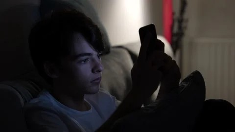 Teenager boy text messaging while sitting on couch at night Stock Footage 201283361