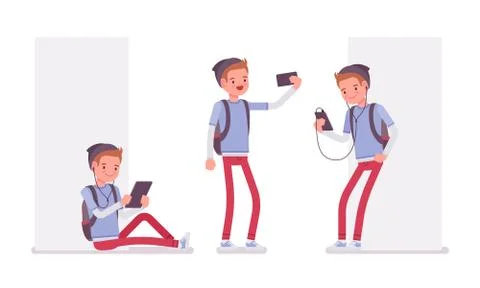 Teenager boy using different gadgets Stock Illustration