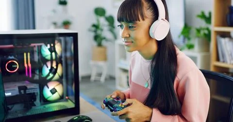 Teenager, gaming and computer with controller for girl, esports and online .. Stock Photos