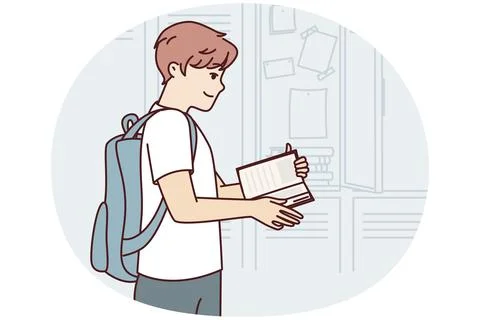 Teenager guy with backpack behind back stands near lockers in college room and Stock Illustration