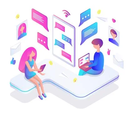 Teenagers Chat in Internet Through Modern Gadgets Illustrazione stock