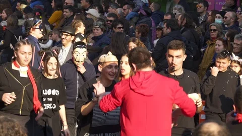 Teenagers Dancing Having Fun at a Small Town Carnival Parade Greece (98) Stock Footage 104096066