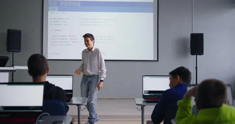 Teens Boys School Students Studying Computer Science And Programming In School Stock Footage 280173130