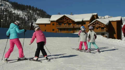 Teens girls learn Herringbone ski climbing technique Stock-Footage 44882282