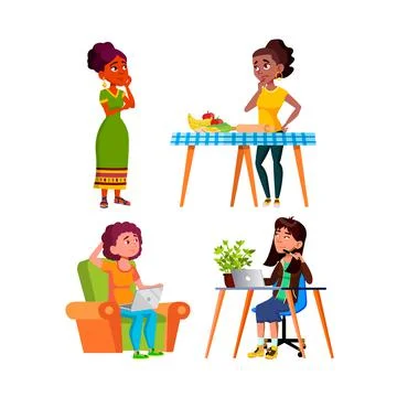 Teens Girls Thinking For Solve Problem Set Vector Stock Illustration