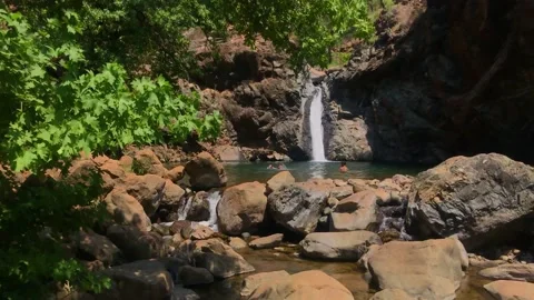 Teens jumping from a small river fall in summer Stock Footage 137037374