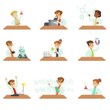 Teens In Lab Coats Doing Science Research Dreaming Of Becoming Professional Stock Illustration