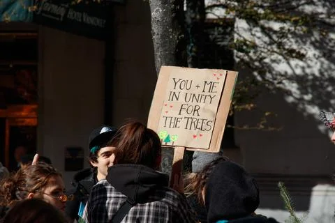 Teens participating in a climate strike in front of the Vancouver Art Gallery Stock Photos