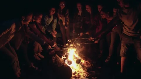 Teens roasting marshmallows on campfire. Stock Footage 137104903