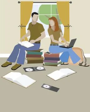 Teens Studying Together Stock Illustration