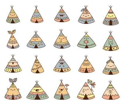 Teepee kawaii character set Stock Illustration