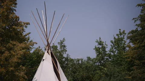 Teepee standing in the middle of trees under a clear sky 스톡 동영상 148021575