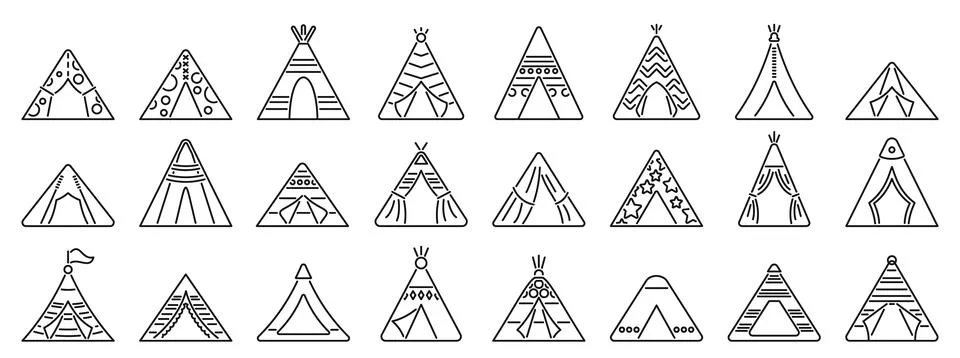 Teepee tent icons set. Various teepee designs showcasing different styles and Stock Illustration