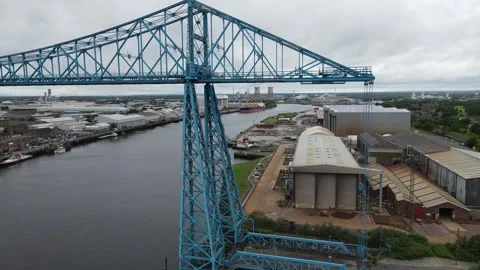 Tees Transport Bridge tracking drone footage d\4 June 2026, Teesside, UK Stock Footage 337001458