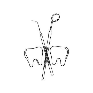 Teeth and dental instruments. Line art. Stock Illustration