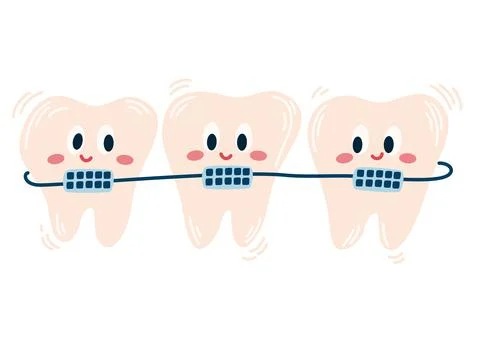 Teeth with braces. cute cartoon teeth with braces. Dental care. Perfect for p Stock Illustration