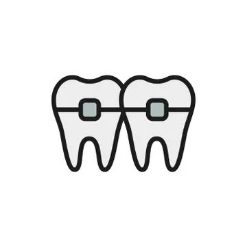 Teeth with braces, orthodontics, brackets flat color line icon. Stock Illustration