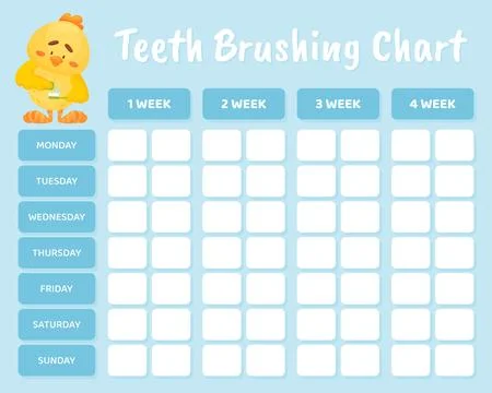 Teeth Brushing Chart with Cute Yellow Chicken Character Vector Template 스톡 일러스트