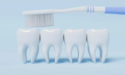 Teeth brushing by toothbrush on blue background. Health care and medical co.. Stock Photos