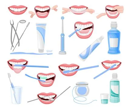 Teeth Care and Brushing Procedure Instruction Big Vector Set Stockillustratie