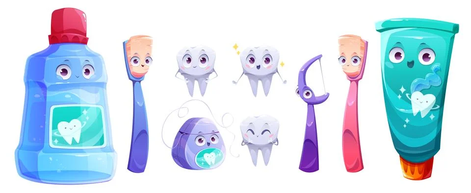 Teeth care product cartoon characters isolated set Stock Illustration
