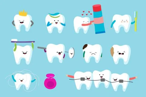 Teeth cartoon characters, set of isolated cute mascots for dental care hygiene Stockillustratie