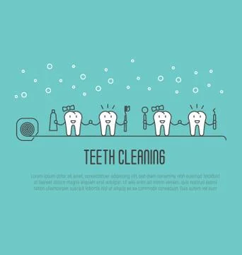 Teeth cleaning concept in thin line style. Two happy tooth, boy and girl Stock Illustration