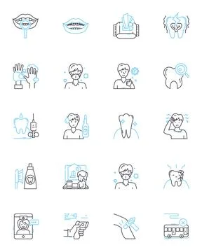 Teeth cleaning linear icons set. Dental, Plaque, Tartar, Flossing, Whitening Illustrazione stock