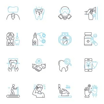Teeth cleaning linear icons set. Dental, Plaque, Tartar, Flossing, Whitening Illustrazione stock