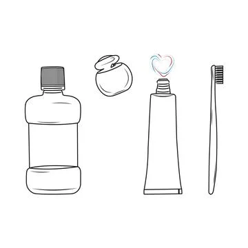 Teeth cleaning set. Line art drawing. Stock Illustration