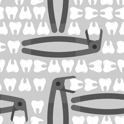 Teeth forceps and teeth pattern seamless. Dentist tool for pulling tooth back Illustrazione stock