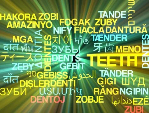 Teeth multilanguage wordcloud background concept glowing Stock Illustration