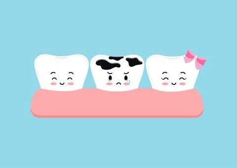 Teeth multiply decay in gym cute dental character icon isolated on blue Stock Illustration