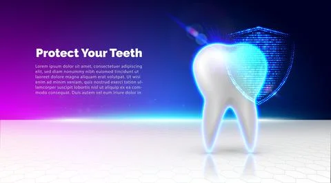 Teeth protection. White tooth protected by glowing digital shield. Futuristic 스톡 일러스트