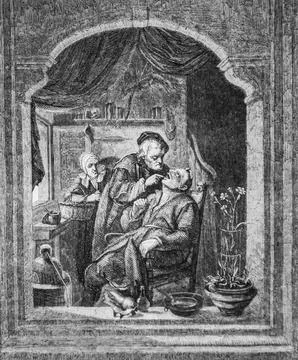 A teeth puller, the picturesque magazin, editor Edouard Charton, 1860 Illustrazione stock