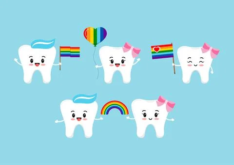Teeth with rainbow flag and balloon in hands. Stock Illustration