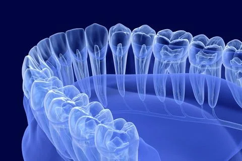 Teeth root anatomy, Xray view. Medically accurate dental 3D illustration Stock Illustration