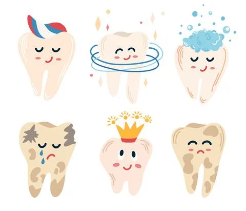 Teeth set. Clean teeth with toothpaste, foam, crown and caries. Cute tooth ca Stock Illustration
