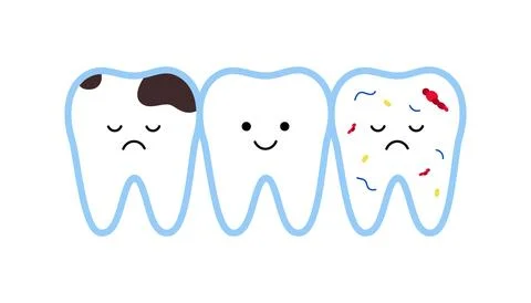Teeth set cute characters. Healthy, pain with caries and sick bacteria teeth Stock Illustration