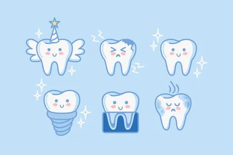 Teeth, a set of cute characters in kawaii style. Tooth fairy, x-ray, implant Stock Illustration