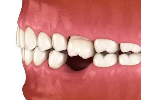 Teeth shift deformatiuon after losing molar tooth. Stock Illustration