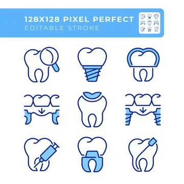 Teeth treatment pixel perfect line color icons set Illustrazione stock