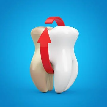 Teeth Whitening Concept. White Tooth with Red Arrow. 3d Rendering Stock Illustration
