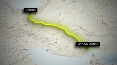 Tehran to Bandar Abbas Iran Map Route Animation with Car Icon on World Map Video stock 329382626