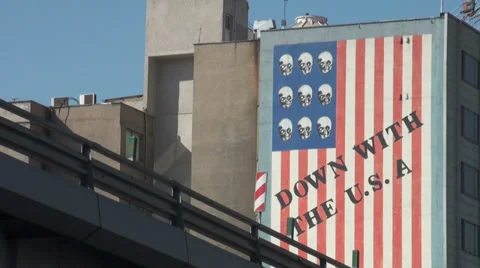 Tehran building reads 'Down with the USA', anti American sentiment Stock Footage 33909045