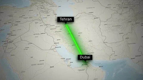 Tehran to Dubai Flight Route Map Animation 4K Video on World Map Stock Footage 329127120
