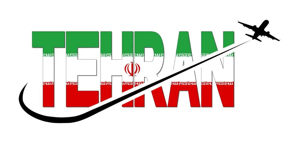 Tehran flag text with plane silhouette and swoosh illustration Stock Illustration