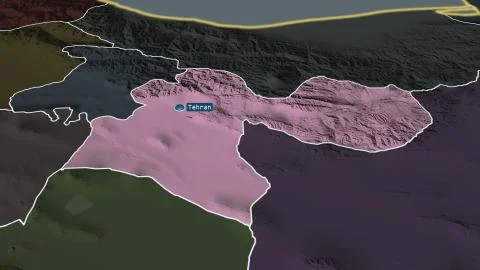 Tehran, Iran. Colored and bumped map of the administrative division Stock Illustration